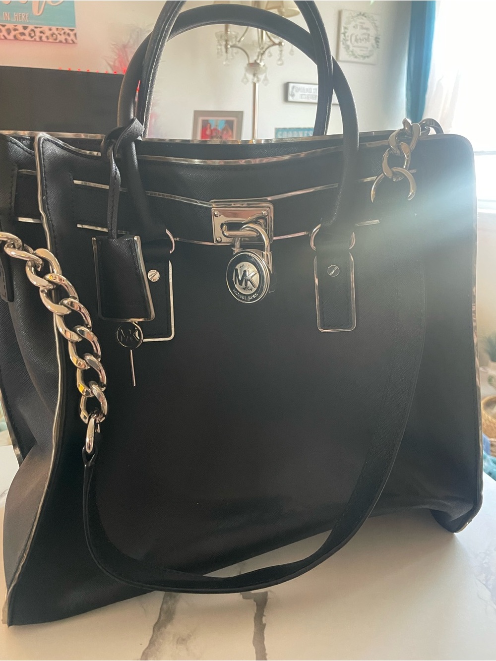 Michael Kors Black Leather Tote with Silver Chain Accents